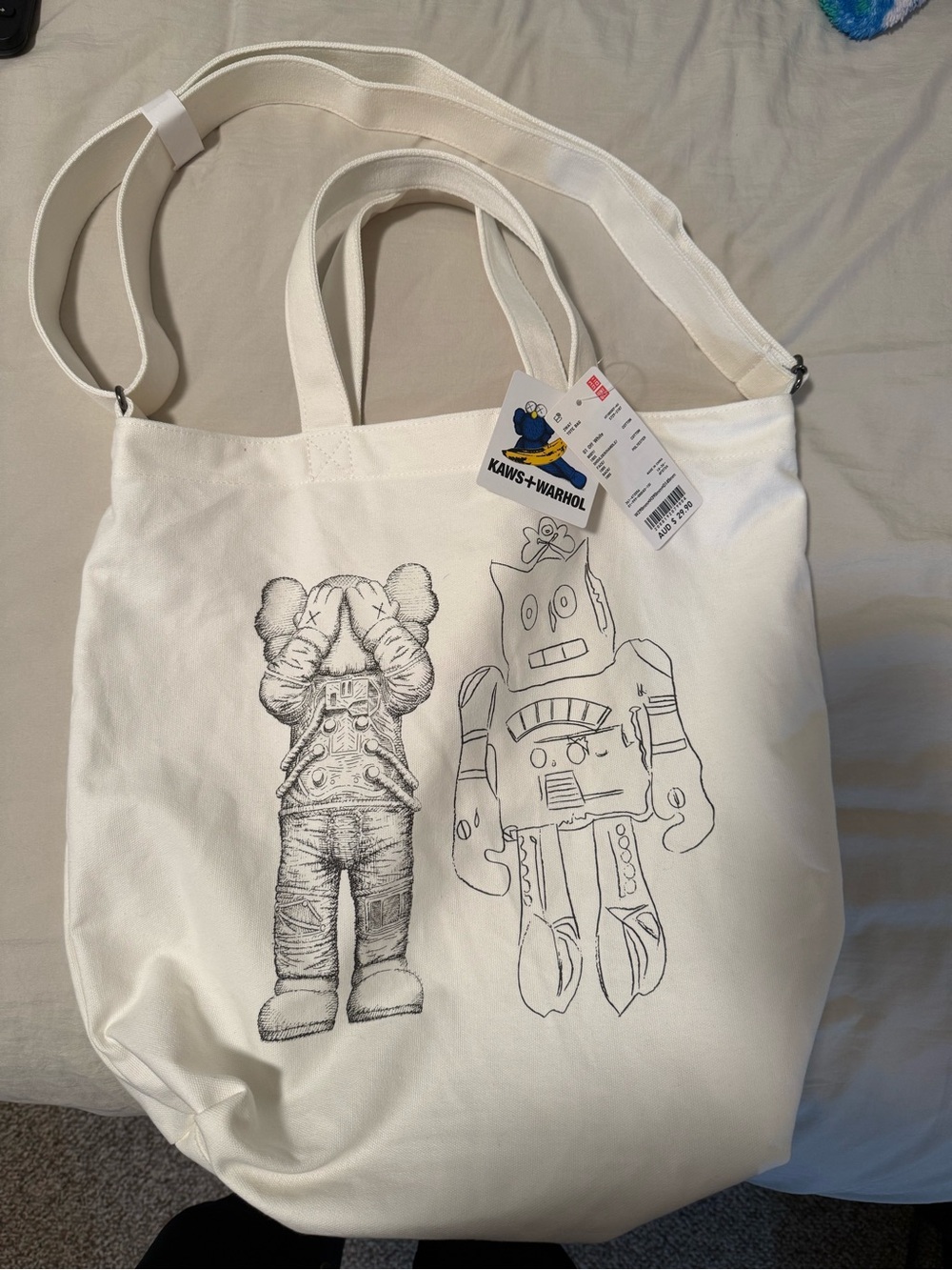 KAWS + WARHOL White Canvas Tote Bag with Sketch Graphic